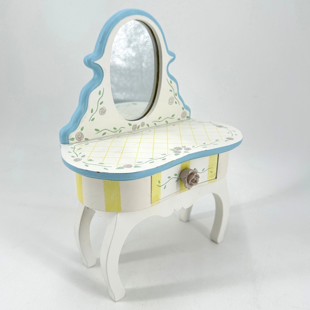Miniature Wooden Vanity Desk Hand Painted Floral Rose Toy Size White Blue Yellow